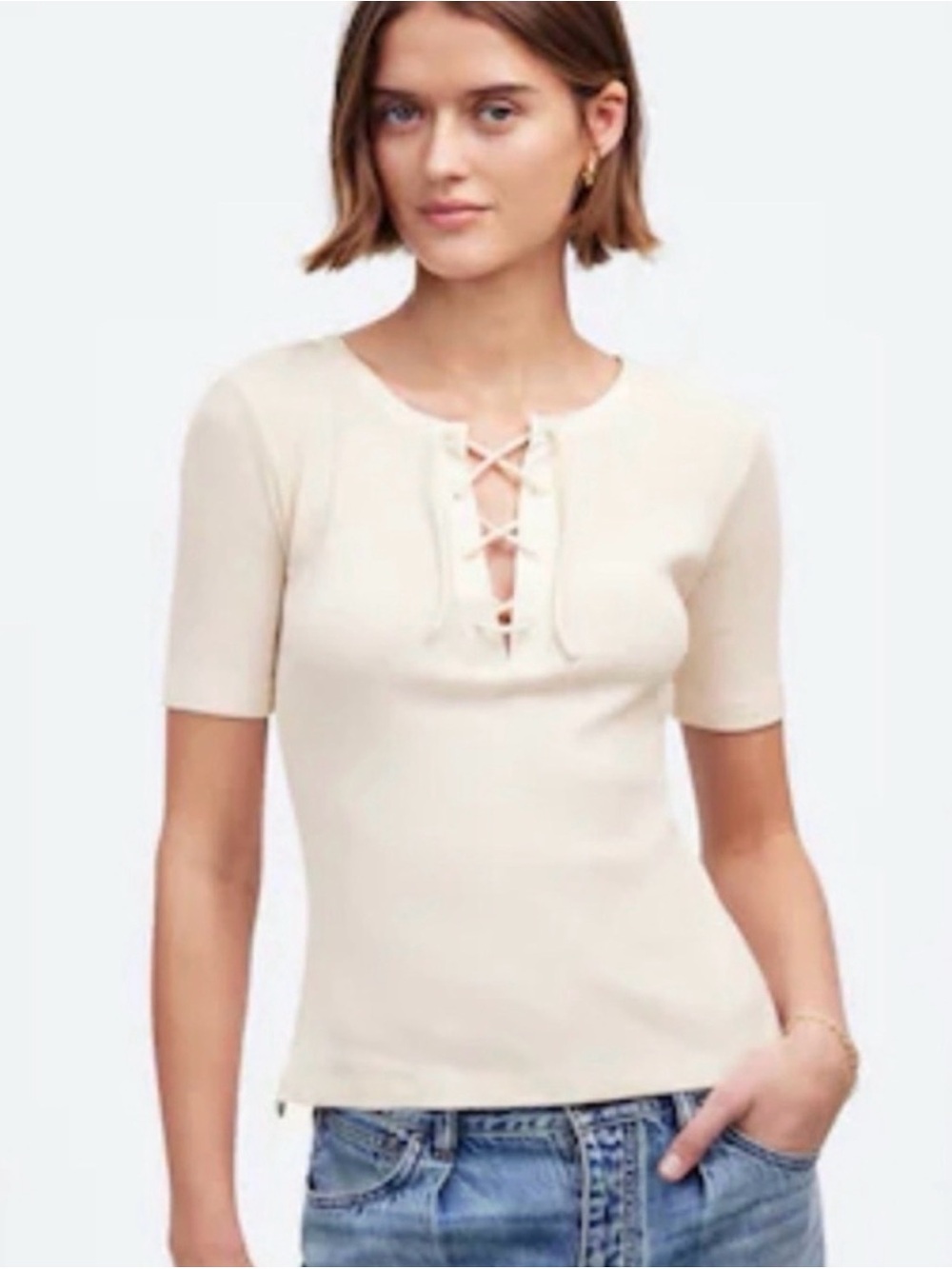 Madewell Ribbed Lace-Up Short-Sleeve Tee  NWT MED